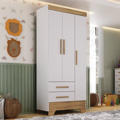 Guarda Roupa Infantil 3 Portas 2 Gavetas Branco/Natural Tic Tac Espresso Móveis