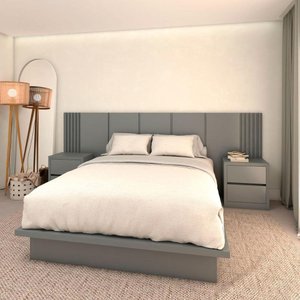 Cama Queen e Cabeceira C/ 2 Mesas e 2 Gavetas Mdf sob Medida Cor:cinza Sagrado