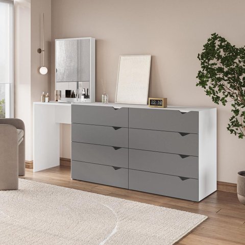 Cômoda Penteadeira Porto 8 Gavetas com Espelho 209x160cm Cinza/Branco 240891