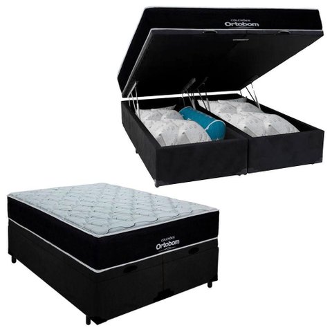 Cama Box Baú Airtech Antares Queen + Colchão de Molas Ensacadas - Ortobom - Spring - 158x198x67cm