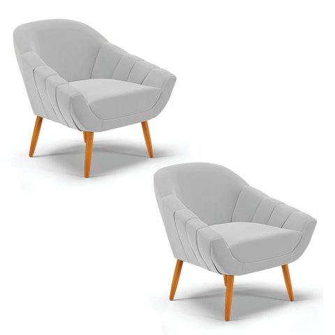 Kit 2 Poltronas Giovana Suede Cinza Pés Palito Castanho - D'Rossi