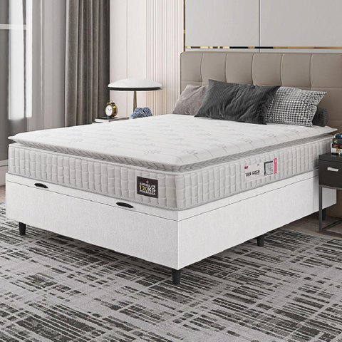 Cama Box Baú Casal Colchão Espuma D33 Pillow Top Van Gogh 138x188x65cm Branco Hellen