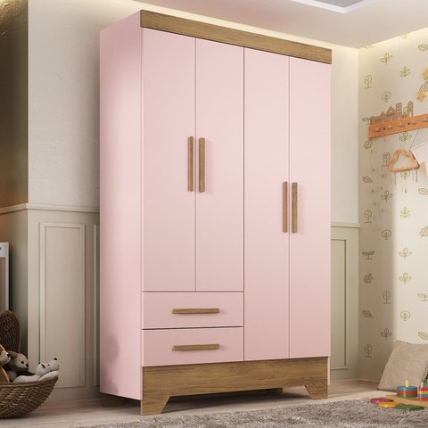 Guarda Roupa Infantil 4 Portas 2 Gavetas Rosa/Natural Tic Tac Espresso Móveis
