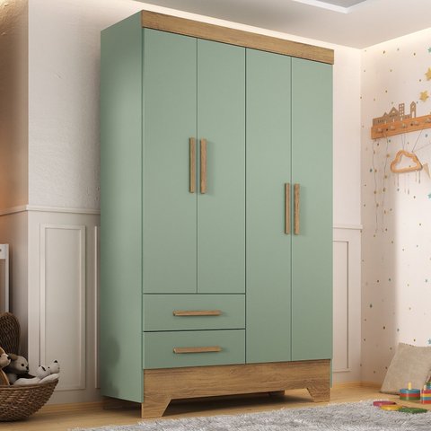 Guarda Roupa Infantil 4 Portas 2 Gavetas Verde/Natural Tic Tac Espresso Móveis