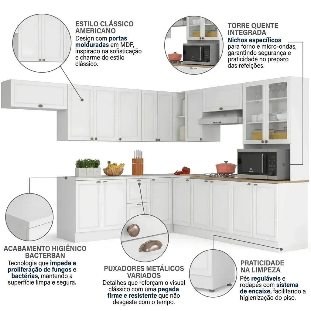 Ver imagem 6 de Cozinha Completa Modulada Americana 10 Peças com Paneleiro Torre Quente, Nichos e Balcão com Tampo U