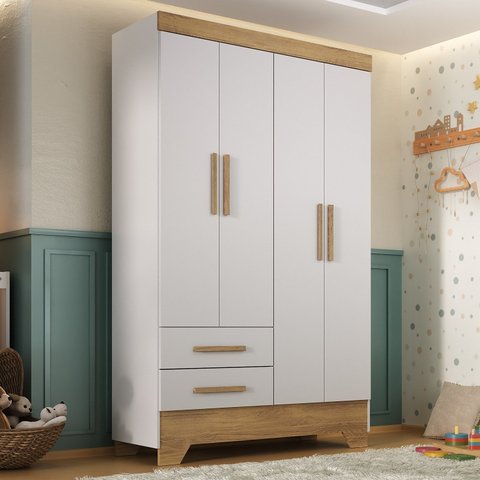 Guarda Roupa Infantil 4 Portas 2 Gavetas Branco/Natural Tic Tac Espresso Móveis