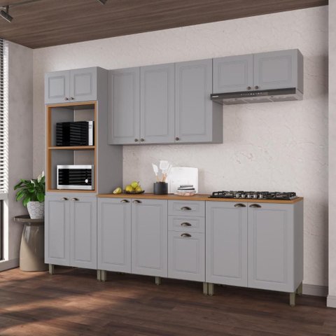 Armário de Cozinha Modulada Completa Fidelitá Nara 100% MDF 5 Peças 270cm 14 Portas 2 Gavetas com