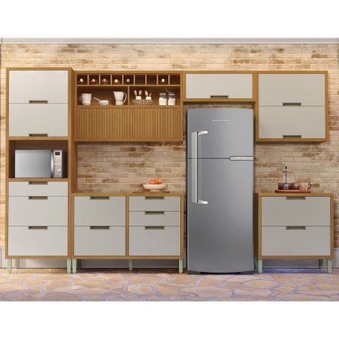Cozinha 6 Peças Paneleiro Ripado Imperatriz 100% MDF Marrom/Freijó/Off White