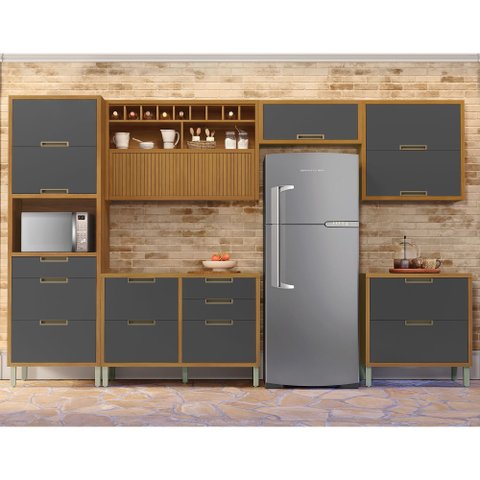 Cozinha 6 Peças Paneleiro Ripado Imperatriz 100% MDF Marrom/Freijó/Grafite