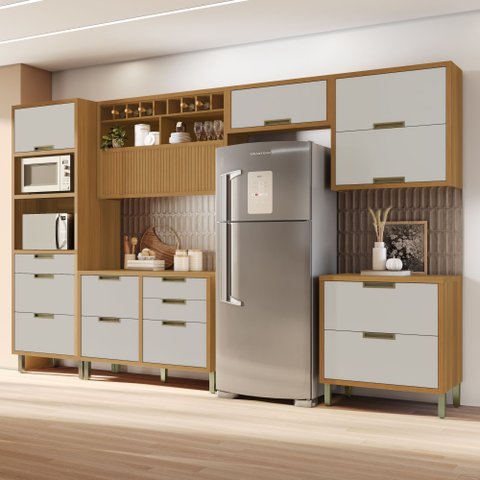 Cozinha 6 Peças Torre Quente Ripado Imperatriz 100% MDF Marrom/Freijó/Off White
