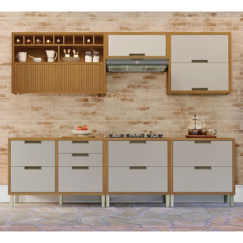 Cozinha 6 Peças Ripado Imperatriz 100% MDF Marrom/Freijó/Off White