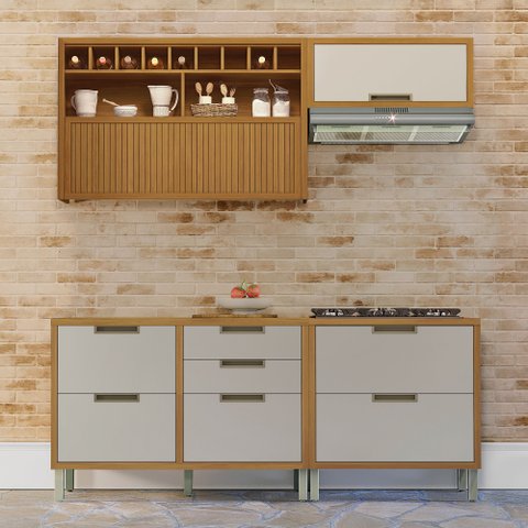 Cozinha 4 Peças Armário Geladeira Ripado Imperatriz 100% MDF Marrom/Freijó/Off White