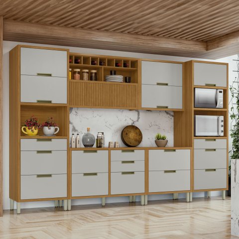 Cozinha 6 Peças 2 Paneleiros Ripado Imperatriz 100% MDF Marrom/Freijó/Off White