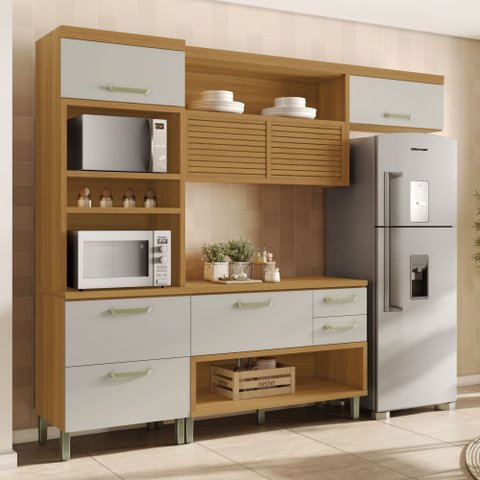 Cozinha 3 Peças Torre Quente Ripado Princesa 100% MDF Marrom/Freijó/Off White