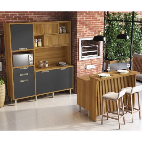 Cozinha Loft Imperatriz Ilha Gourmet Ripado 100% MDF Marrom/Freijó/Grafite