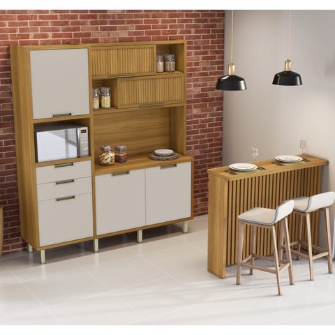 Cozinha Loft Imperatriz Ilha Gourmet Ripado 100% MDF Marrom/Freijó/Off White
