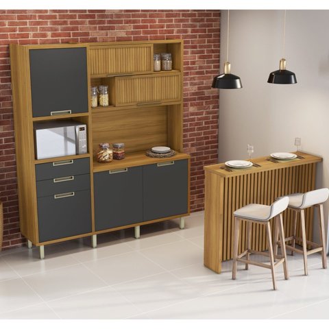 Cozinha Loft Imperatriz Ilha Gourmet Ripado 100% MDF Marrom/Freijó/Grafite