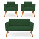 Ver imagem 1 de Kit 1 Sofá Namoradeira e 2 Poltronas Elisa Veludo Verde Pés Palito Castanho - D’Rossi