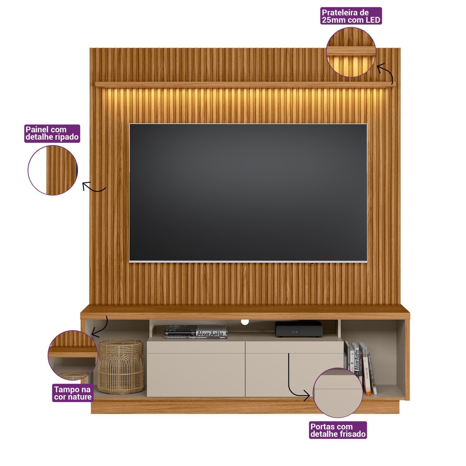 Rack com Painel para TV até 75 Polegadas 181cm Ripado LED Cronos/Ouro Preto Yescasa - 5