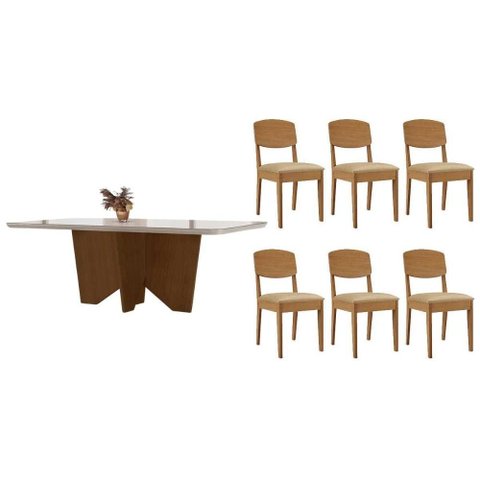 Conjunto: Mesa Sala Jantar Nevada C/ Tampo Madeirado C/ Vidro Canto Curvo 180x90cm e 6 Cadeiras