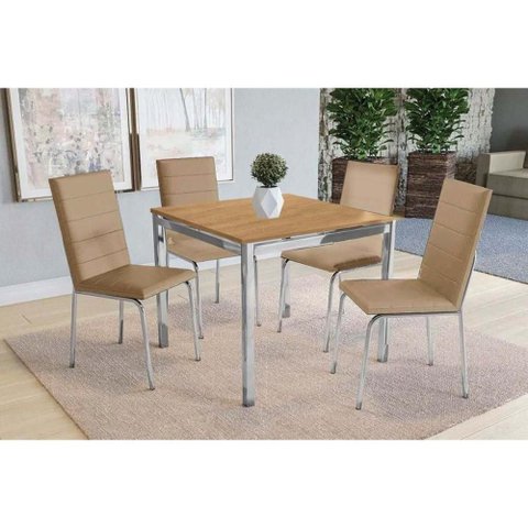 Conjunto: Mesa Sala Jantar Reno C/ Tampo de Madeira 90cm e 4 Cadeiras Amsterdã Cromada/nogueira -