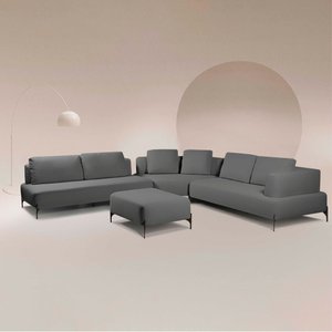 Sofá Modulado Sala de Estar 455cm Marino de Canto Pés de Ferro com Almofadas Linho Chumbo G92 - Gran