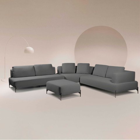 Sofá Modulado Sala de Estar 455cm Marino de Canto Pés de Ferro com Almofadas Linho Chumbo G92 - Gran