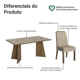 Conjunto Sala de Jantar Tampo de Vidro 4 Cadeiras Rustic/crema/imperial Braga Madesa - 4