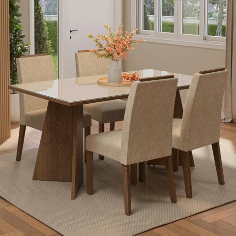 Conjunto Sala de Jantar Tampo de Vidro 4 Cadeiras Rustic/crema/imperial Braga Madesa
