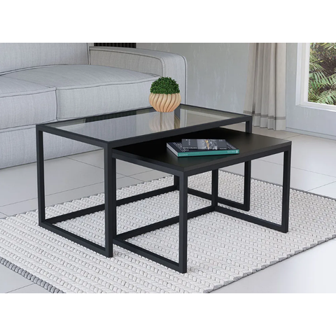Conjunto Mesa de Centro Industrial 84cm e 80cm Aço Preto Duo Vidro Don Castro Decor Preto