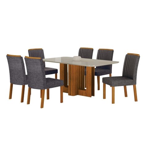 Conjunto Sala de Jantar Sofia 1,60m Tampo Vidro Off com 6 Cadeiras Jade Cinamomo/Linho Chumbo