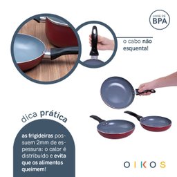 Jogo de frigideiras antiaderente cerâmica 3 peças vermelha - Oikos - 3