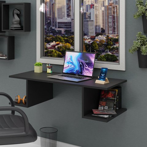 Mesa Escritório Suspensa Escrivaninha Computador com Prateleiras 90cm Preto
