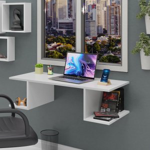 Mesa Escritório Suspensa Escrivaninha Computador 90x42cm Com Prateleiras