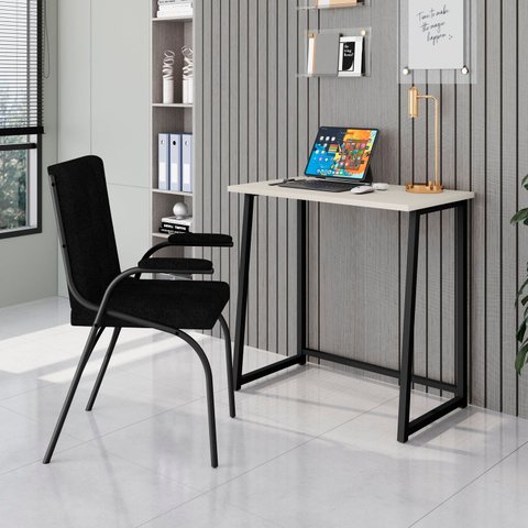 Escrivaninha Mesa Escritório Dobrável Fit Mds, 77*45*80 80cm Industrial Preto e Off White
