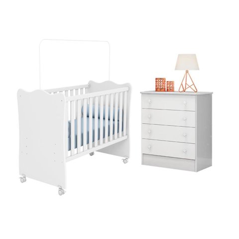 Quarto Infantil Berço e Cômoda Doce Sonho Branco Qmovi