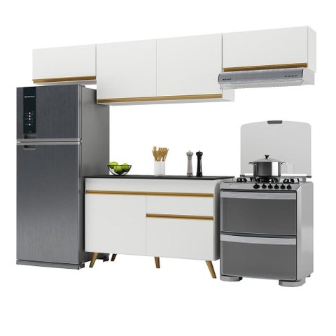 Armário de Cozinha Compacta 260cm Veneza Multimóveis V3697 Branco/Dourado