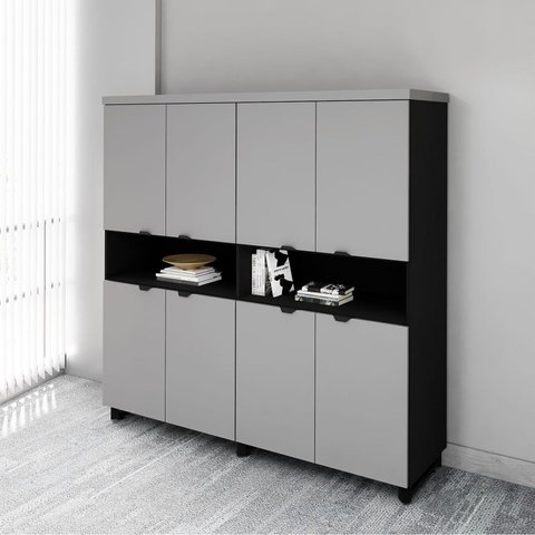 Armário Estante para Escritório com 8 Portas de Abrir e 2 Nichos F5 Office Cinza/Sagrado com Preto