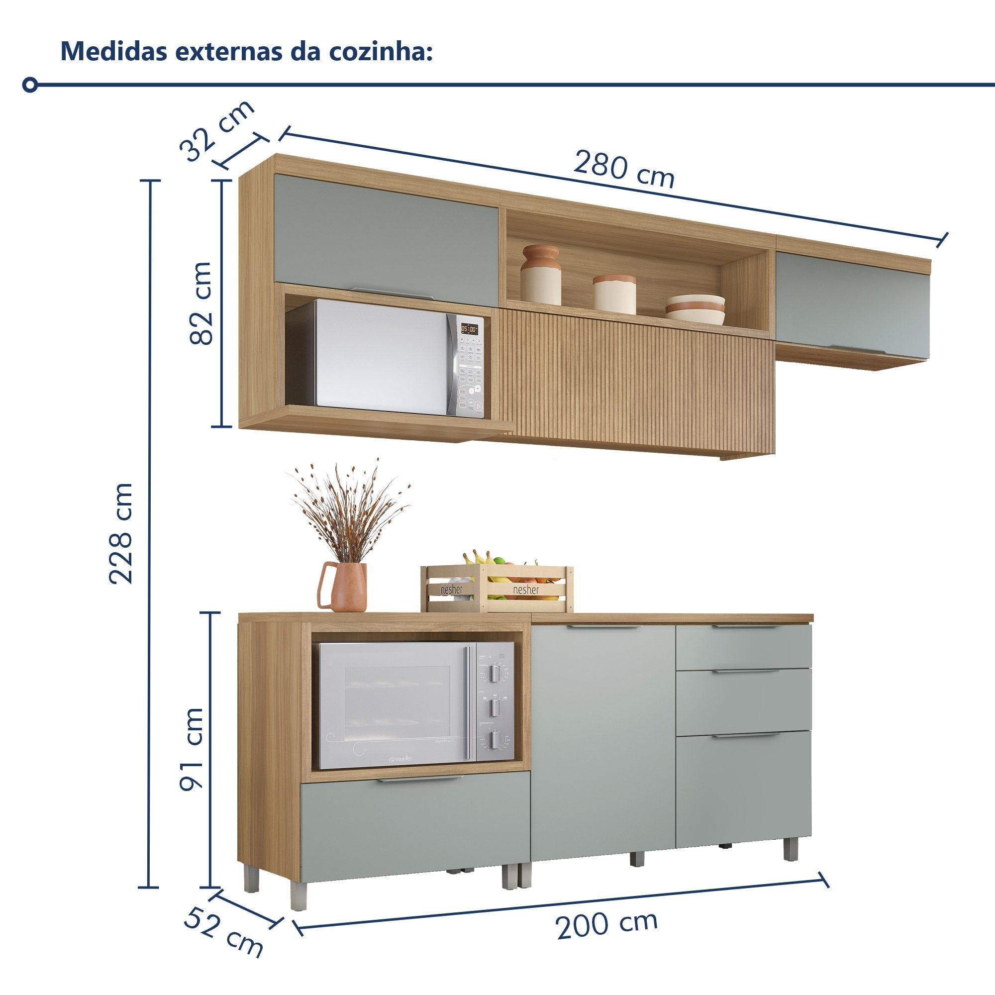 Cozinha 5 Peças 4 Portas 4 Gavetas Ripado Marquesa  100% Mdf - 18