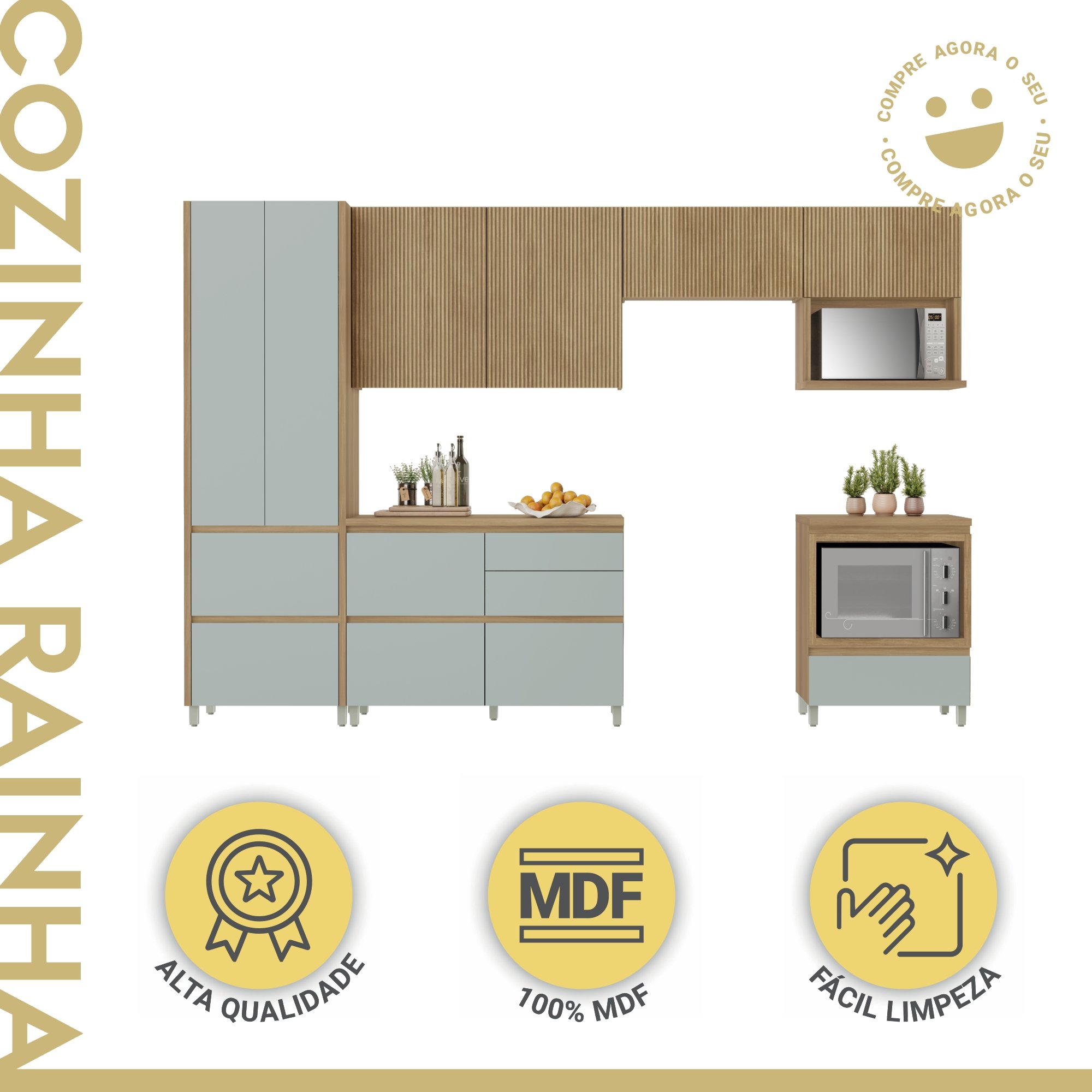 Cozinha 6 Peças 7 Portas 7 Gavetas Nichos Forno Ripado Rainha  100% Mdf - 2