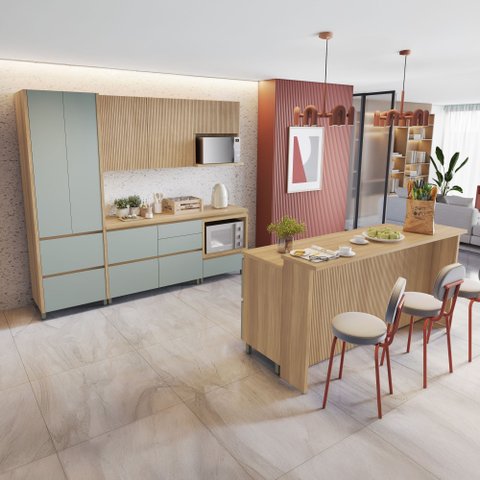 Cozinha 8 Peças 8 Portas 12 Gavetas Forno Ilha Ripado Rainha  100% Mdf