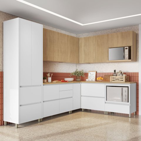Cozinha 9 Peças Canto 12 Portas 8 Gavetas Ripado Rainha 100% MDF Marrom/Branco/Nature