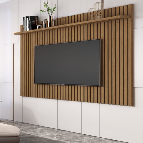 Painel Ripado para TV até 72 Polegadas MDF 185,5cmx135cm Prateleira Real Classic 1.8 Marrom Freijó