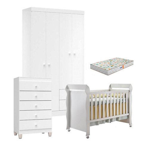 Quarto de Bebê 3 Portas com Gaveteiro Ternura Baby e Berço Mirelle Branco Brilho com Colchão Gazin -