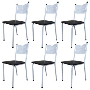 Kit 6 Cadeira para Cozinha Mc Tubular Almofadada Estrutura Branca com Assento Preto Medcombo