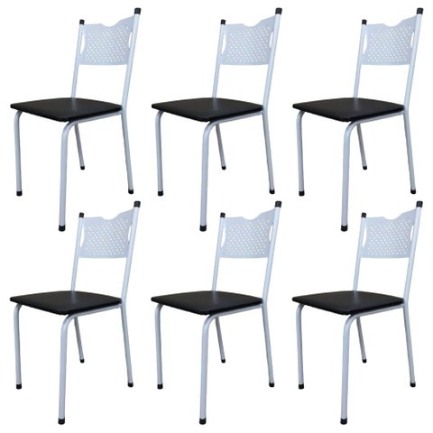 Kit 6 Cadeira para Cozinha Mc Tubular Almofadada Estrutura Branca com Assento Preto Medcombo