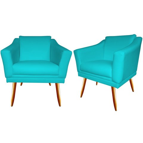 Kit 2 Poltronas Decorativa Agatha Suede Azul Tifany Pés Madeira Ms Decor