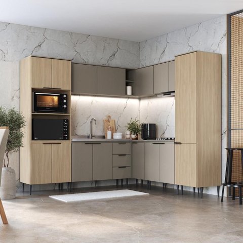 Cozinha Modulada de Canto Lavinia 16 Portas MDP 8 Pecas Imperial Fume Bege J Carvalho Móveis