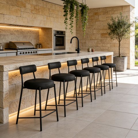 Banqueta Cozinha Alta com Encosto Industrial Preto Kit 6 Londres PU Preto D03 - D’Rossi