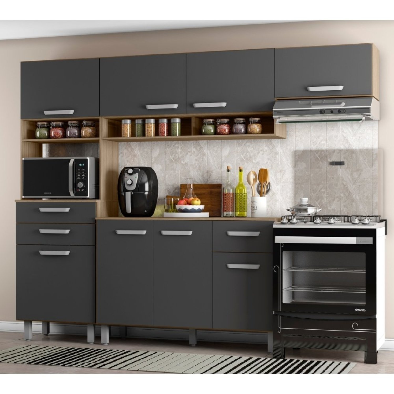 Cozinha Compacta 8 Portas 3 Gavetas Com Balcão Tampo Siena - 1